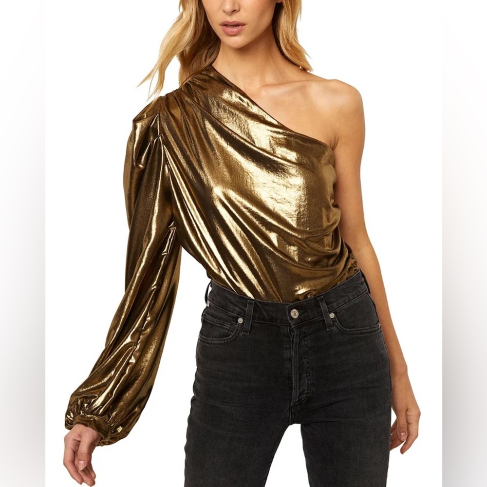 MISA Bianca Bodysuit One-Shoulder Top in Gold